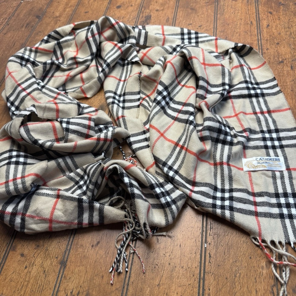 Royal Rossi 100% Cashmere Scarf Plaid Cream Tan Plaid Fringe Inner Mongolia